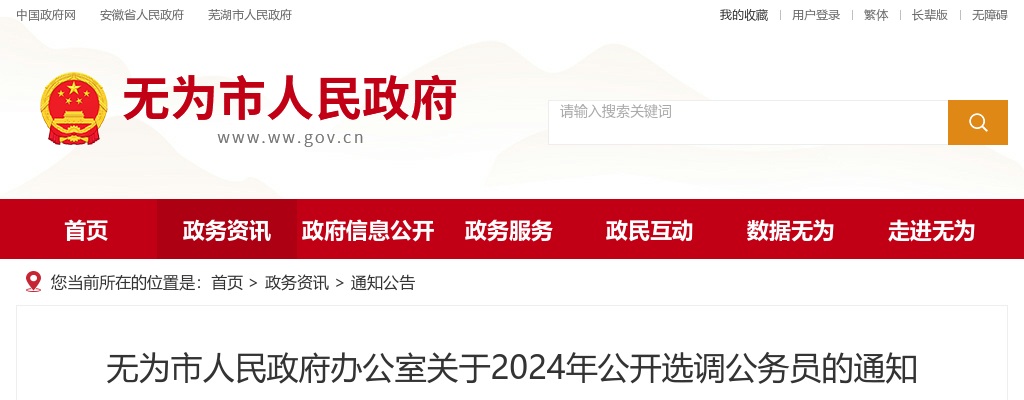 2024年芜湖无为市人民政府办公室选调公务员2人通知 图片